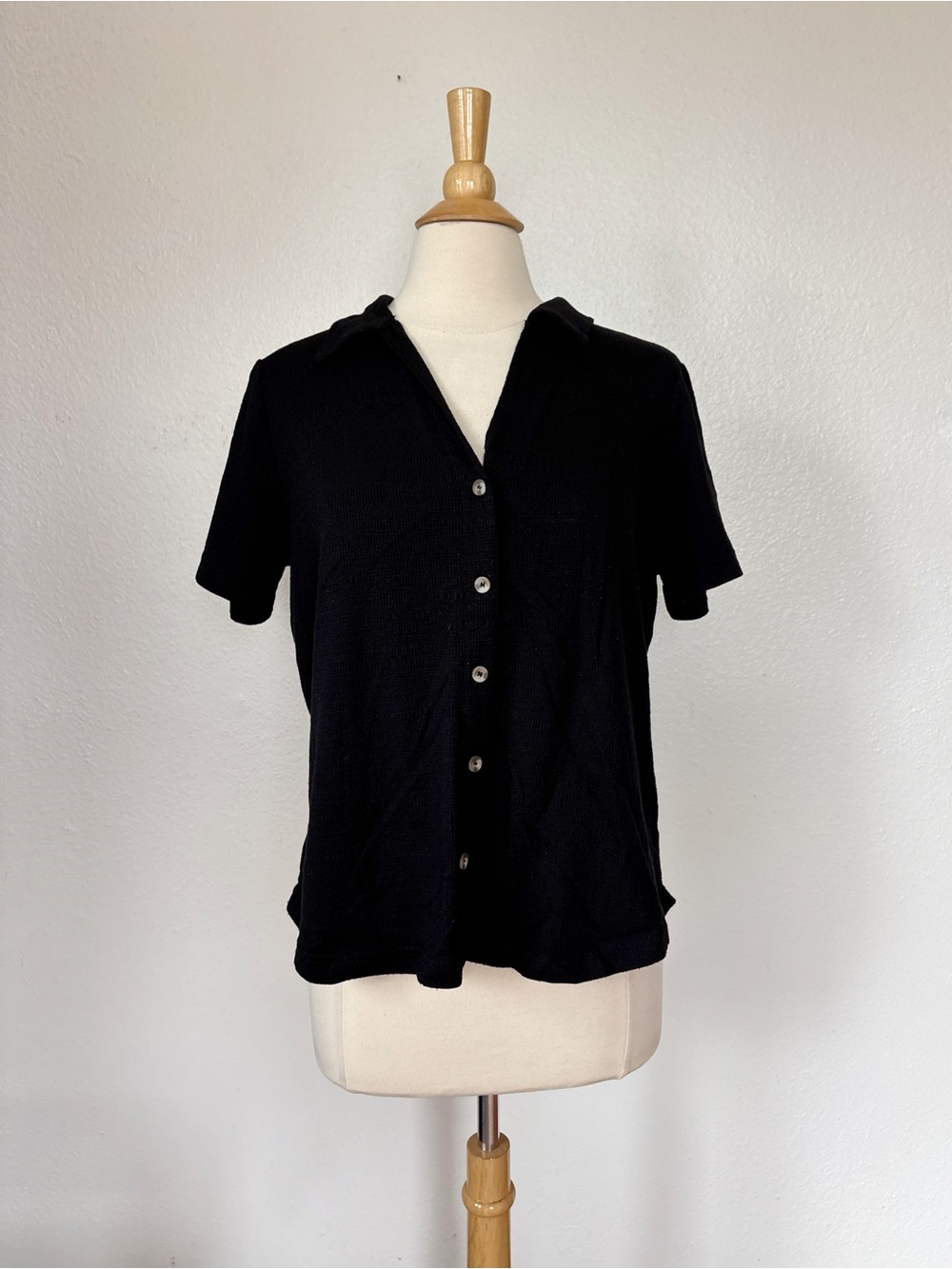 Black Short-Sleeve Button-Up Top